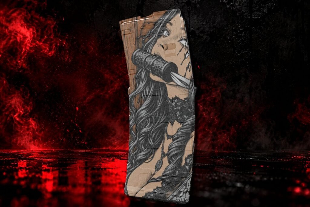 Demon Huntress PMAG laser-engraving design, close-up view