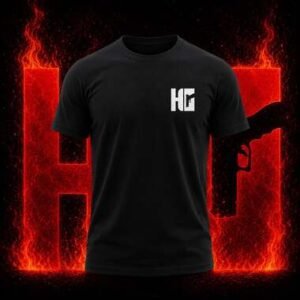 Holster Geek black t-shirt front with HG chest logo and pistol silhouette on red flame background