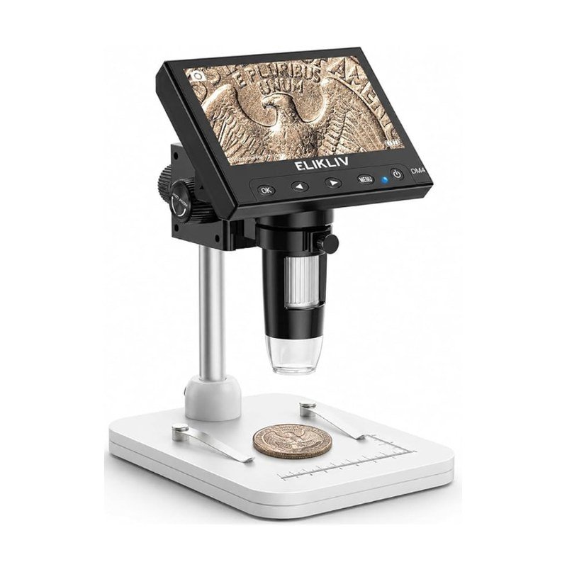 Elikliv DM4 digital microscope with LCD screen on a stand