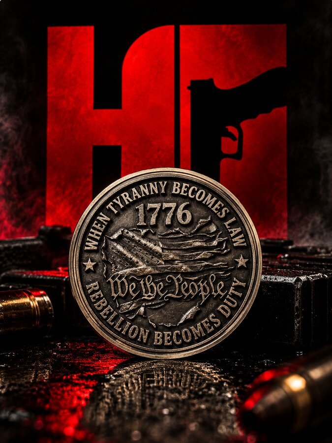 1776 We The People challenge coin engraving — When Tyranny Becomes Law, Rebellion Becomes Duty