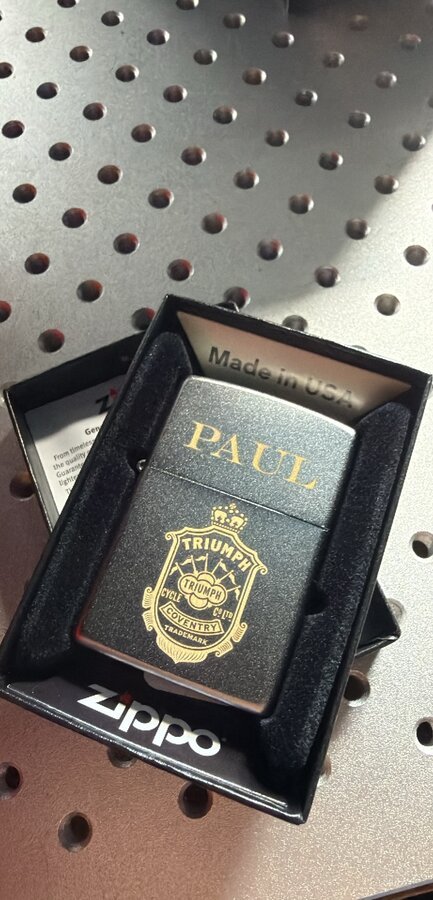 Personalized Zippo lighter engraved with name PAUL and Triumph Motorcycles crest
