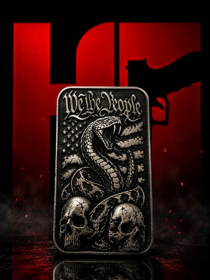 We The People snake and skulls engraved metal plate