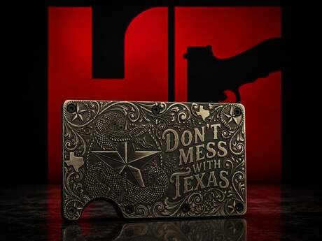 Don't Mess With Texas engraved brass card holder and bottle opener